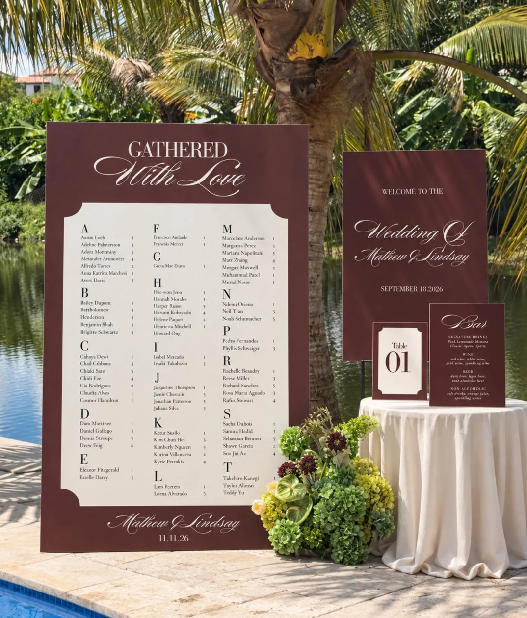 Matching burgundy and cream wedding signage bundle with seating chart, welcome sign, table number and bar menu