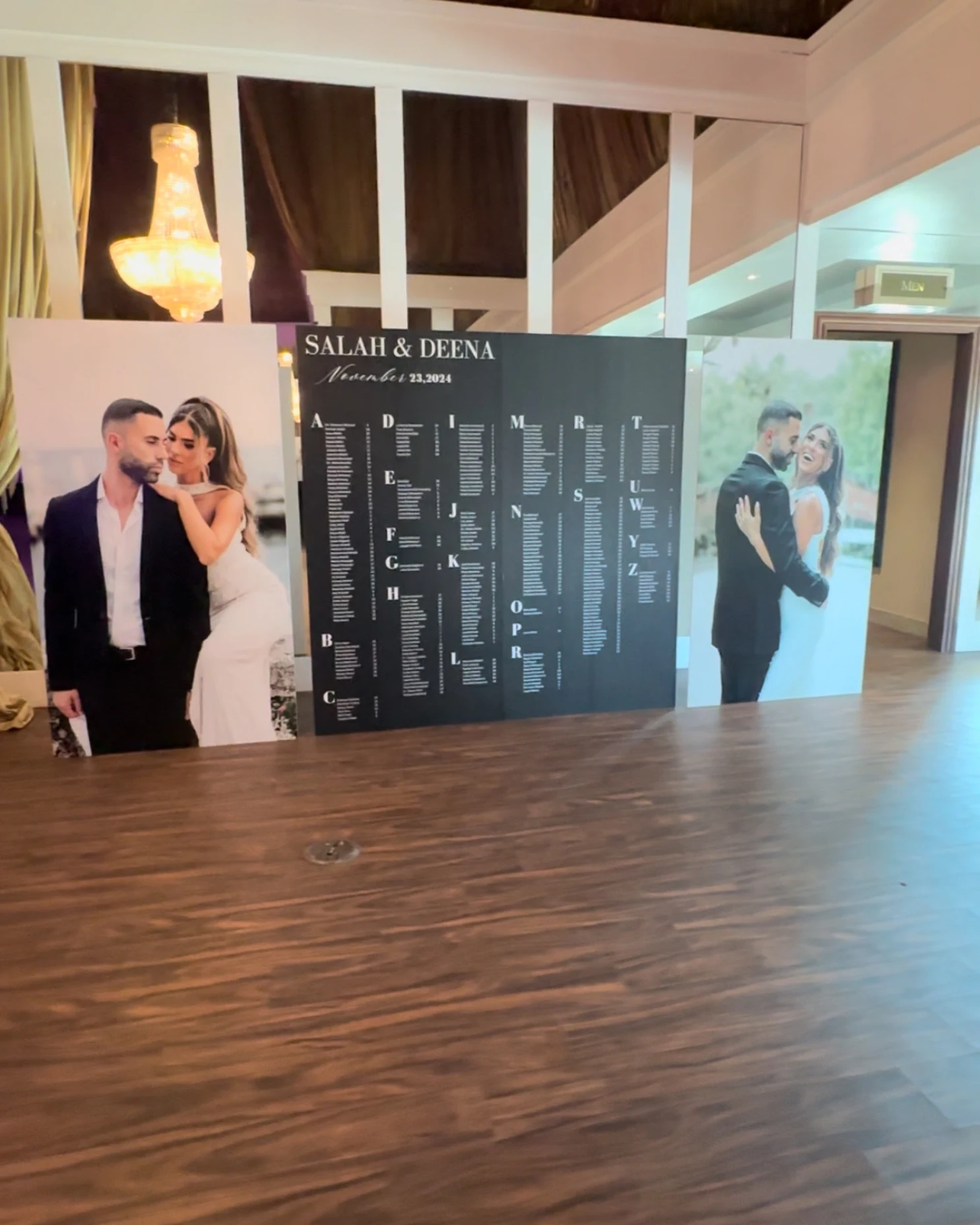 Wide seating chart framed by two personalized photo panels.